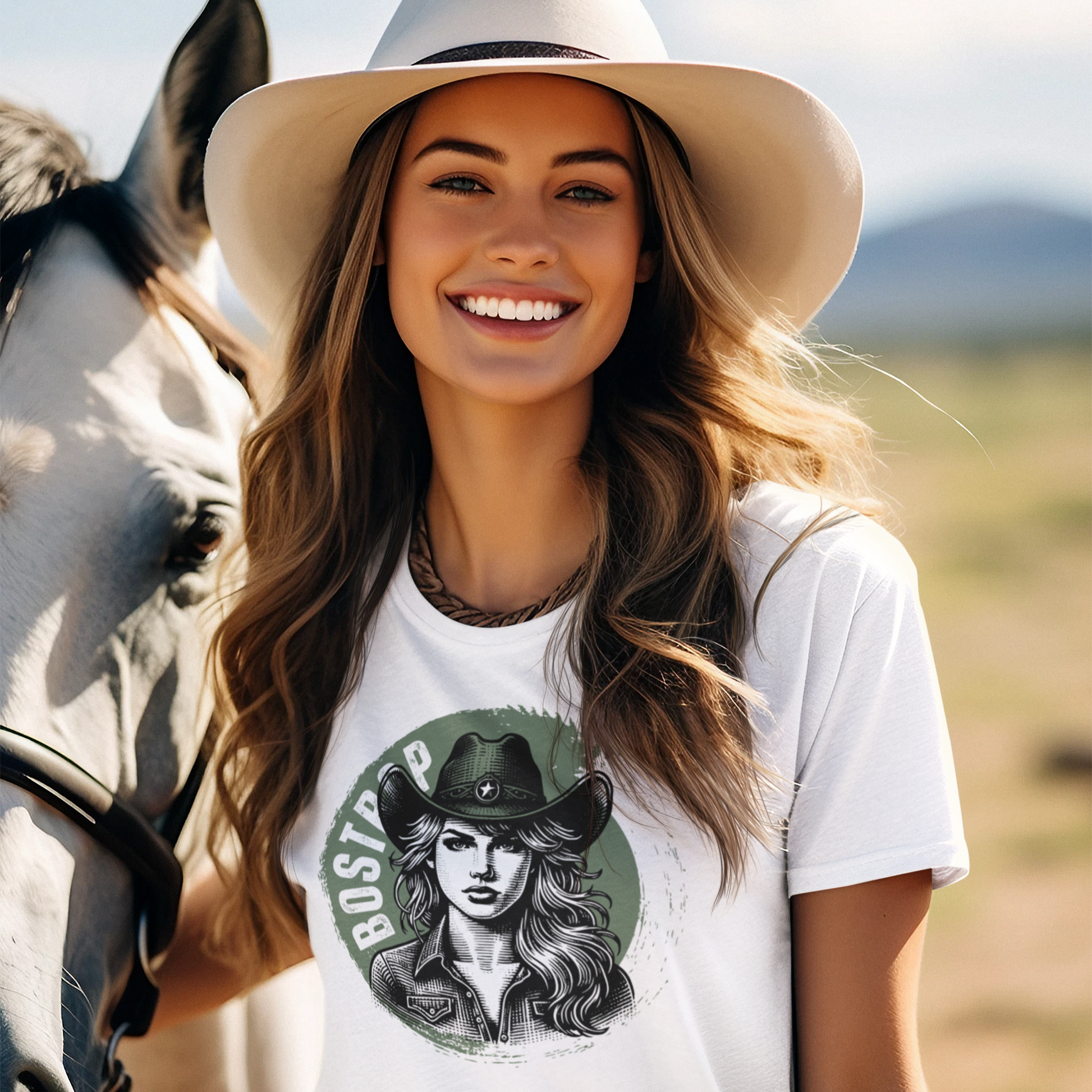Brunette lady wearing the Bostrop Boerenooi Ladies T-shirt.