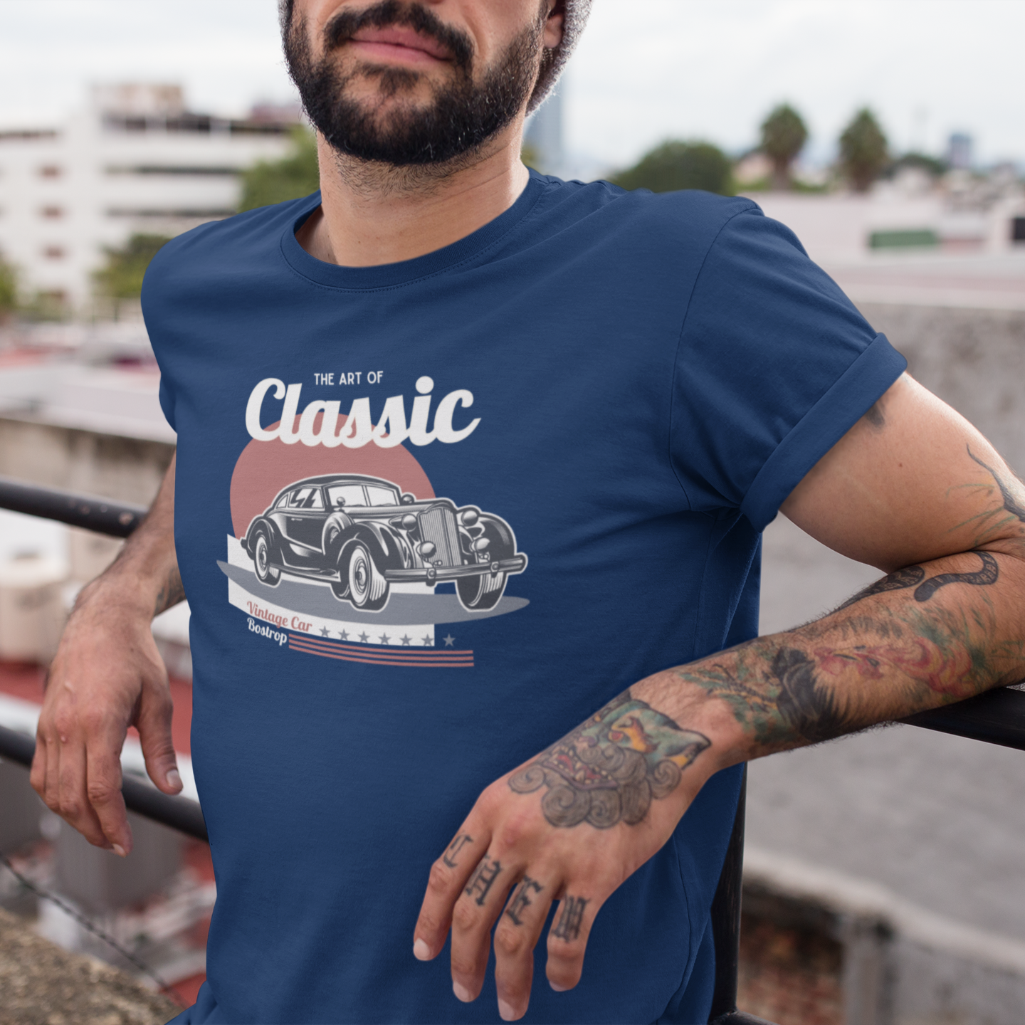 Man wearing the Bostrop Classic Car Men's T-shirt in Navy