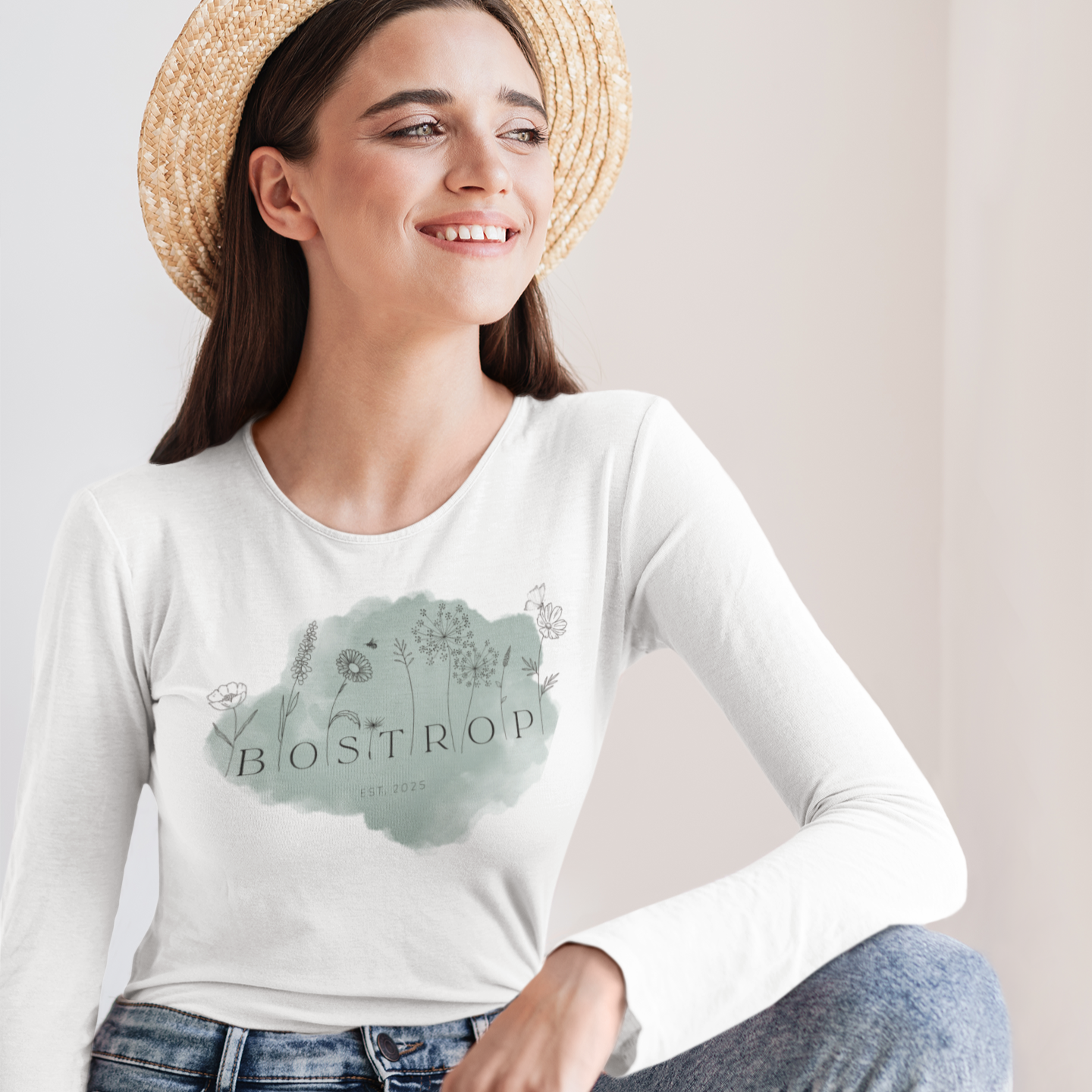 Bostrop Limited Edition Wildflower Olive Ladies Long Sleeve T-shirt (White)
