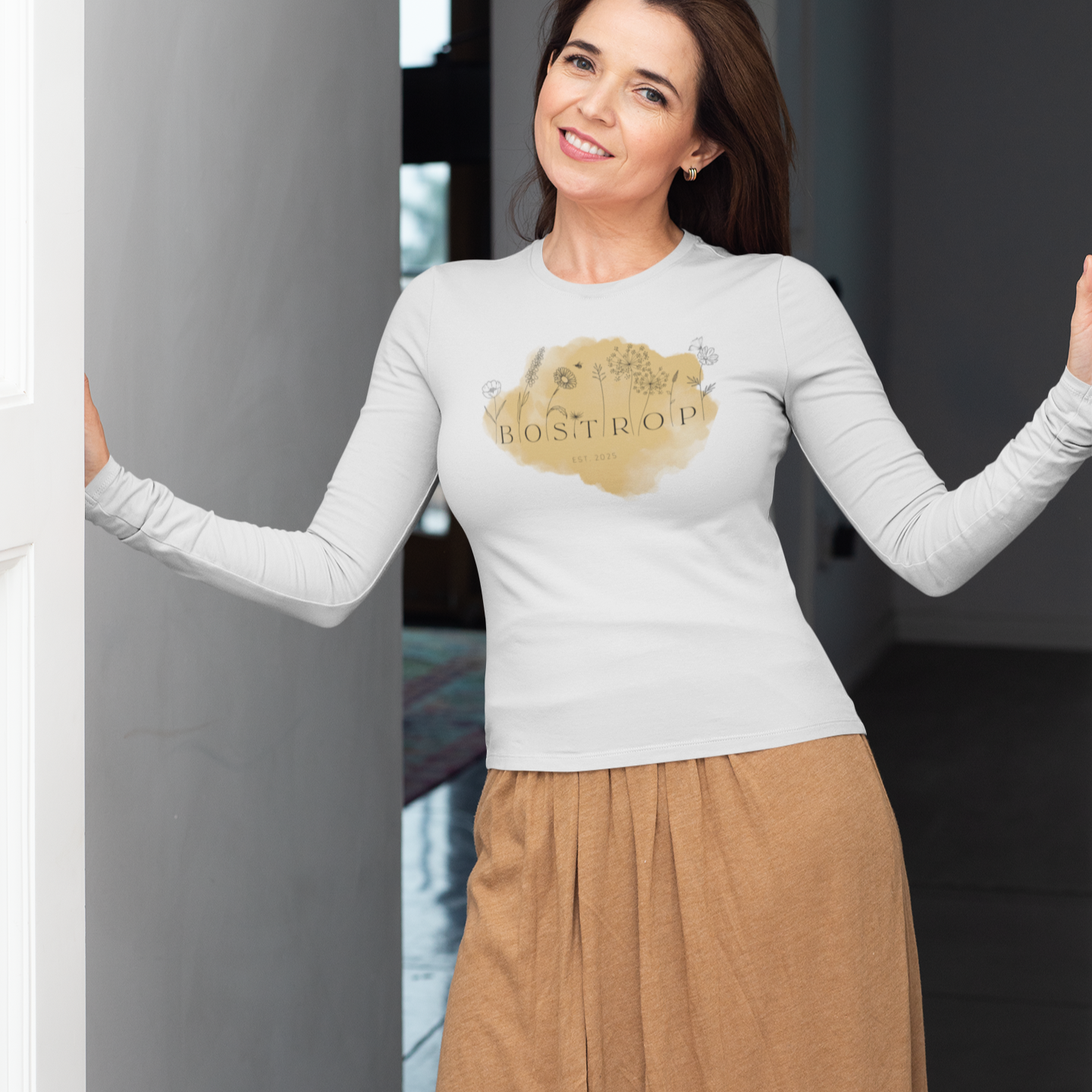 Bostrop Limited Edition Wildflower Orange Ladies Long Sleeve T-shirt (White)