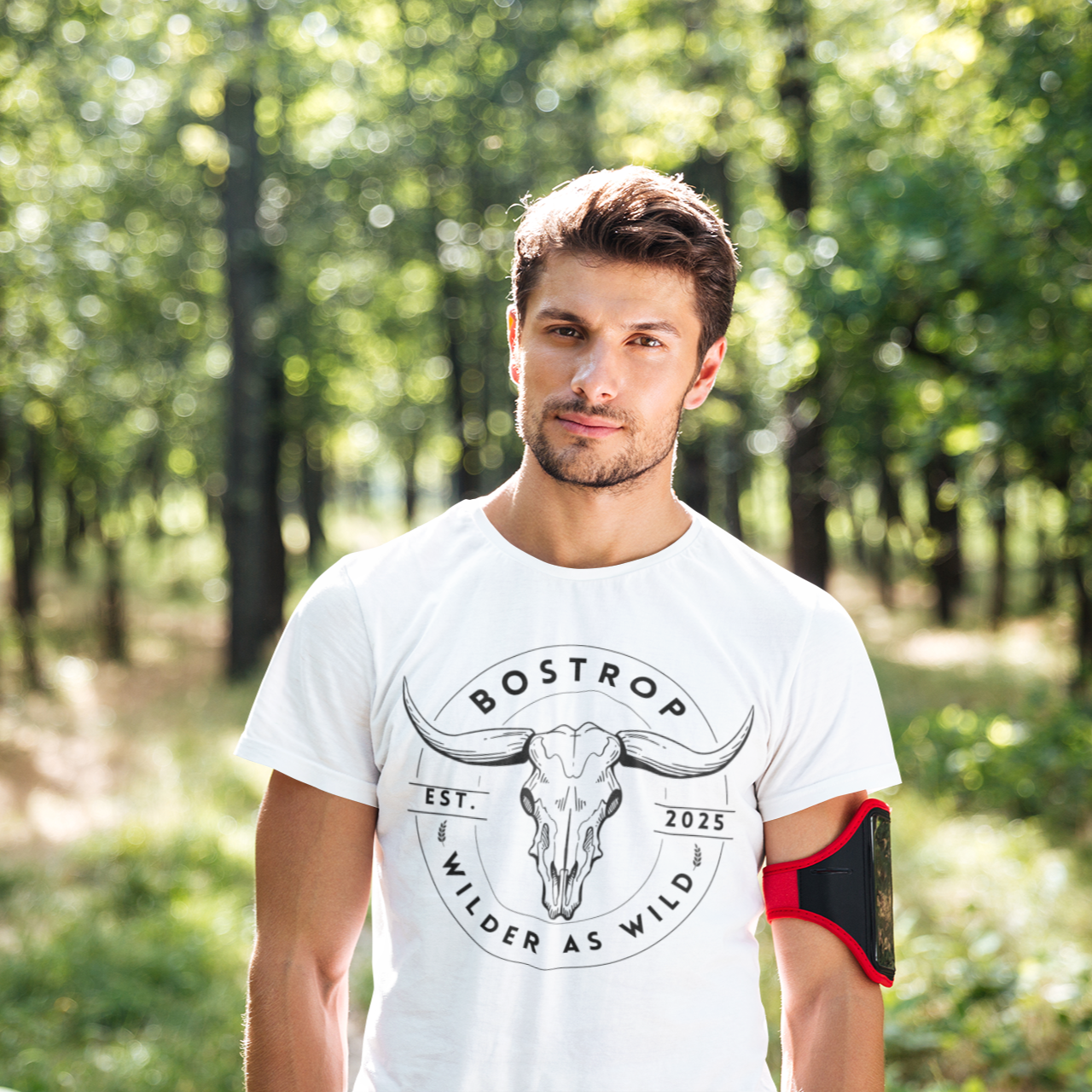 man wearing a Bostrop Round Cattle Skull Men's T-shirt in White